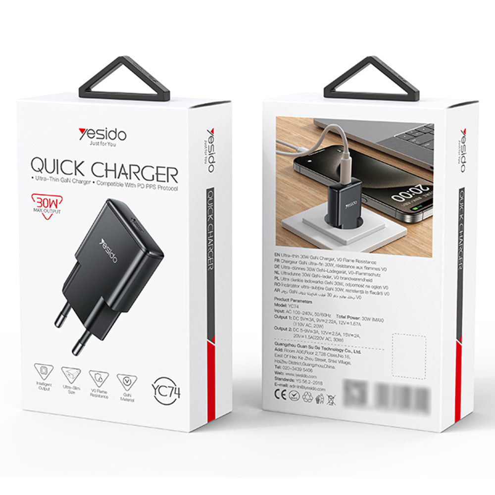 Nettlader Yesido YC74, 30W, 3A, 1 x USB-C, Svart