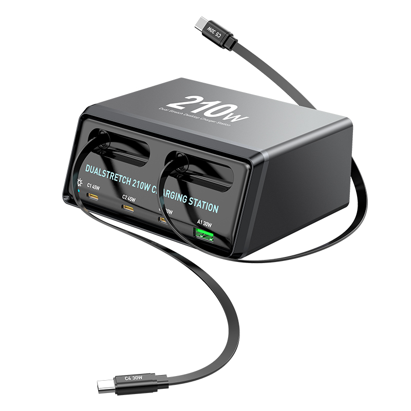 Ladestasjon med USB-C-kabel OEM WLX-60E, 210W, 3A, 1 x USB-A - 3 x USB-C, Grå