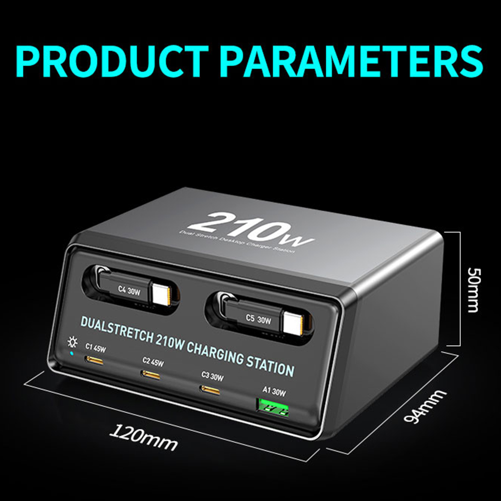 Ladestasjon med USB-C-kabel OEM WLX-60E, 210W, 3A, 1 x USB-A - 3 x USB-C, Grå