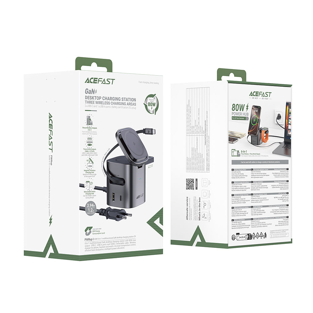 Ladestasjon med USB-C-kabel Acefast Z9 QI 6in1, 80W, 1 x USB-C - 1 x USB-A, Svart