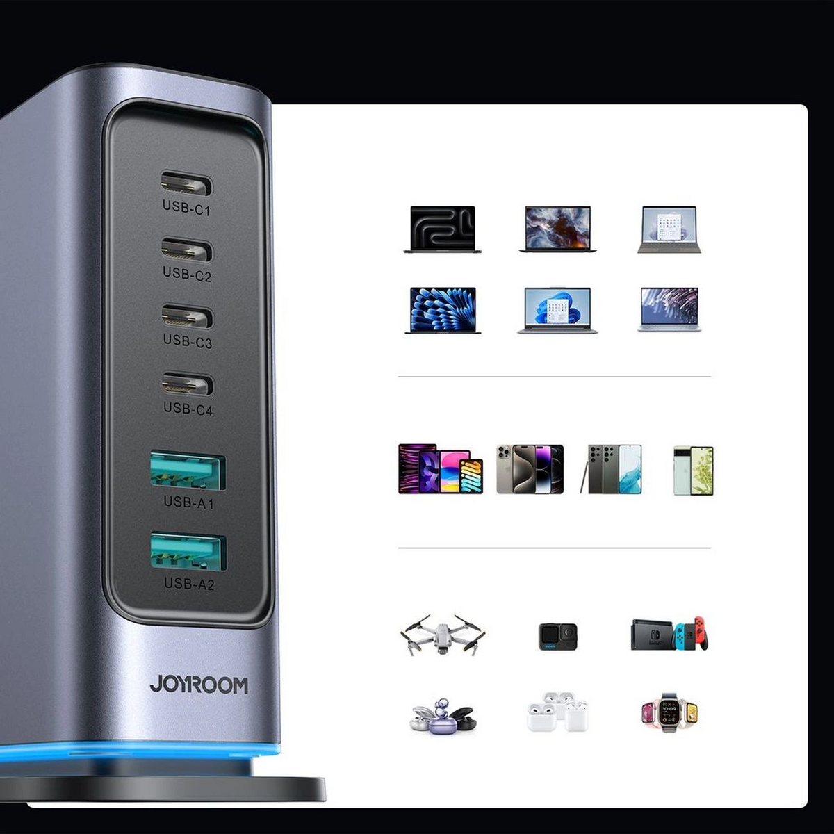 Joyroom JR-TCM02 UK ladestasjon, 65W, 3,25A, 2 x USB-A - 4 x USB-C, grå