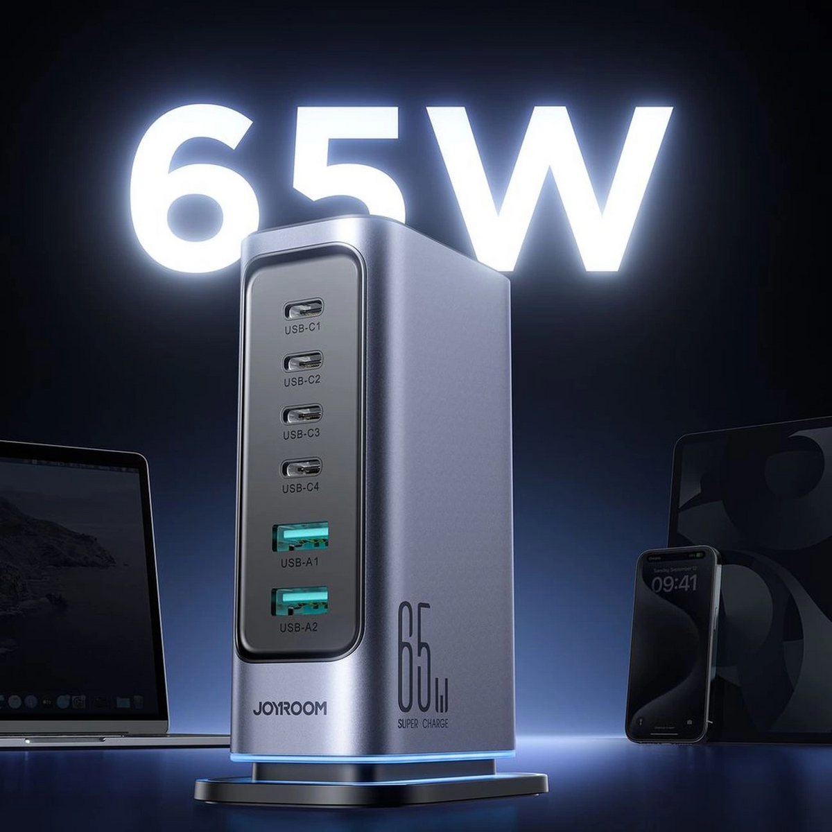 Joyroom JR-TCM02 UK ladestasjon, 65W, 3,25A, 2 x USB-A - 4 x USB-C, grå