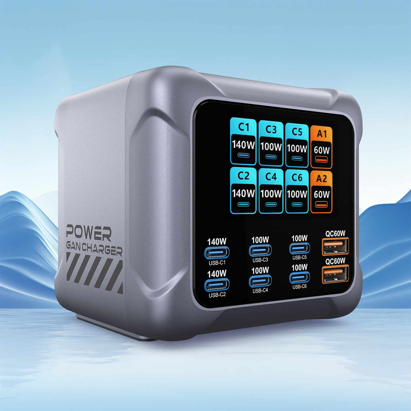 OEM Ladestasjon BK-126D, 140W, 5A, 2 x USB-A - 6 x USB-C, Grå