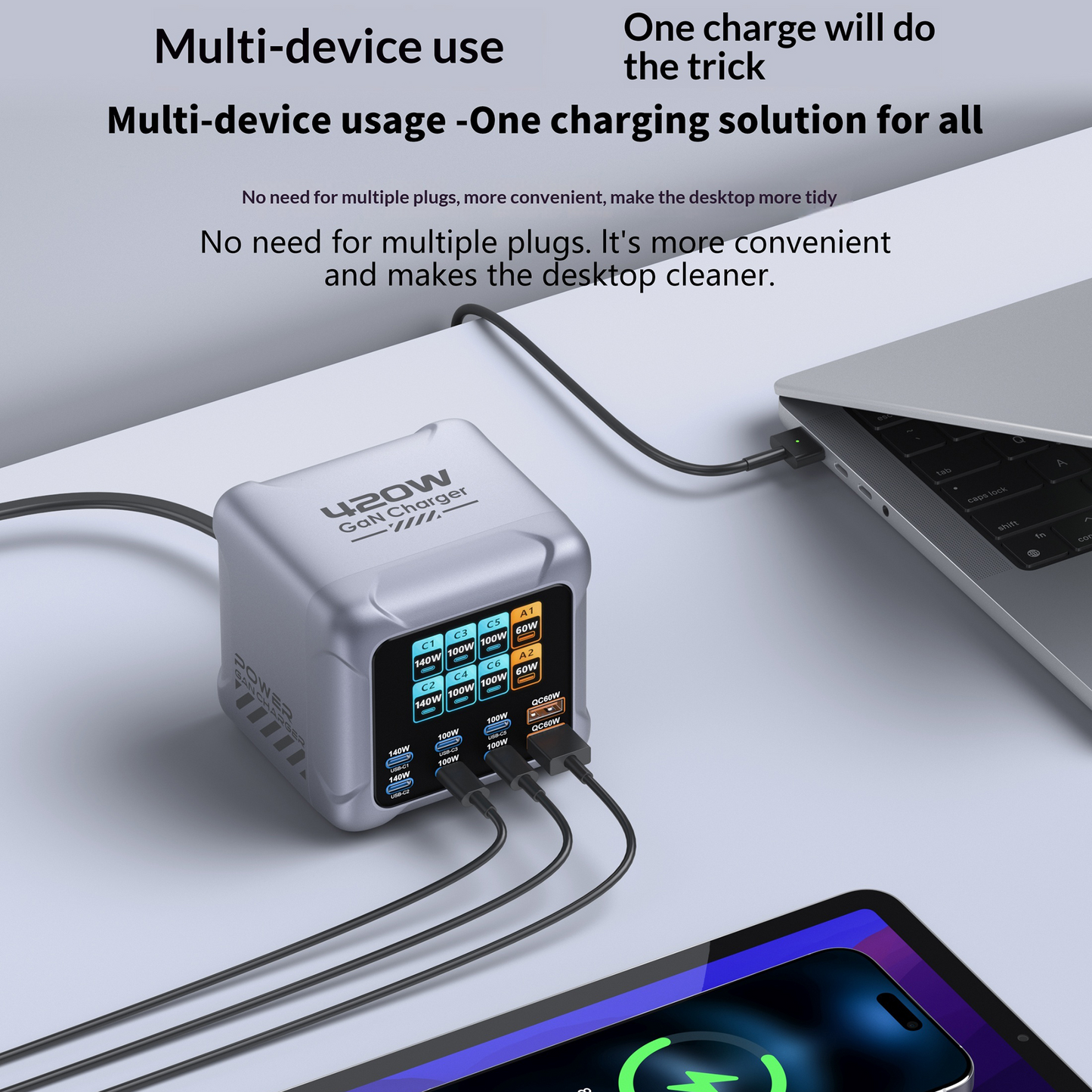 OEM Ladestasjon BK-126D, 140W, 5A, 2 x USB-A - 6 x USB-C, Grå