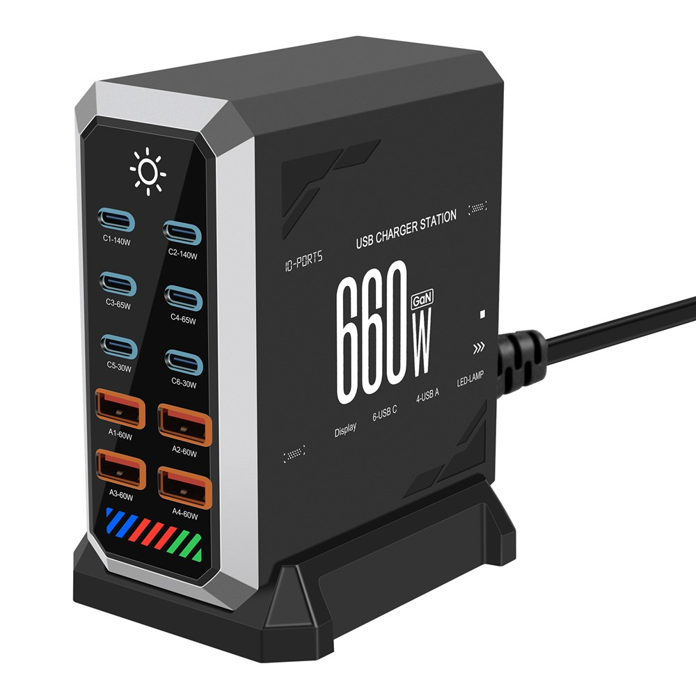 OEM HW18 Ladestasjon, 660W, 5A, 4 x USB-A - 6 x USB-C, Svart