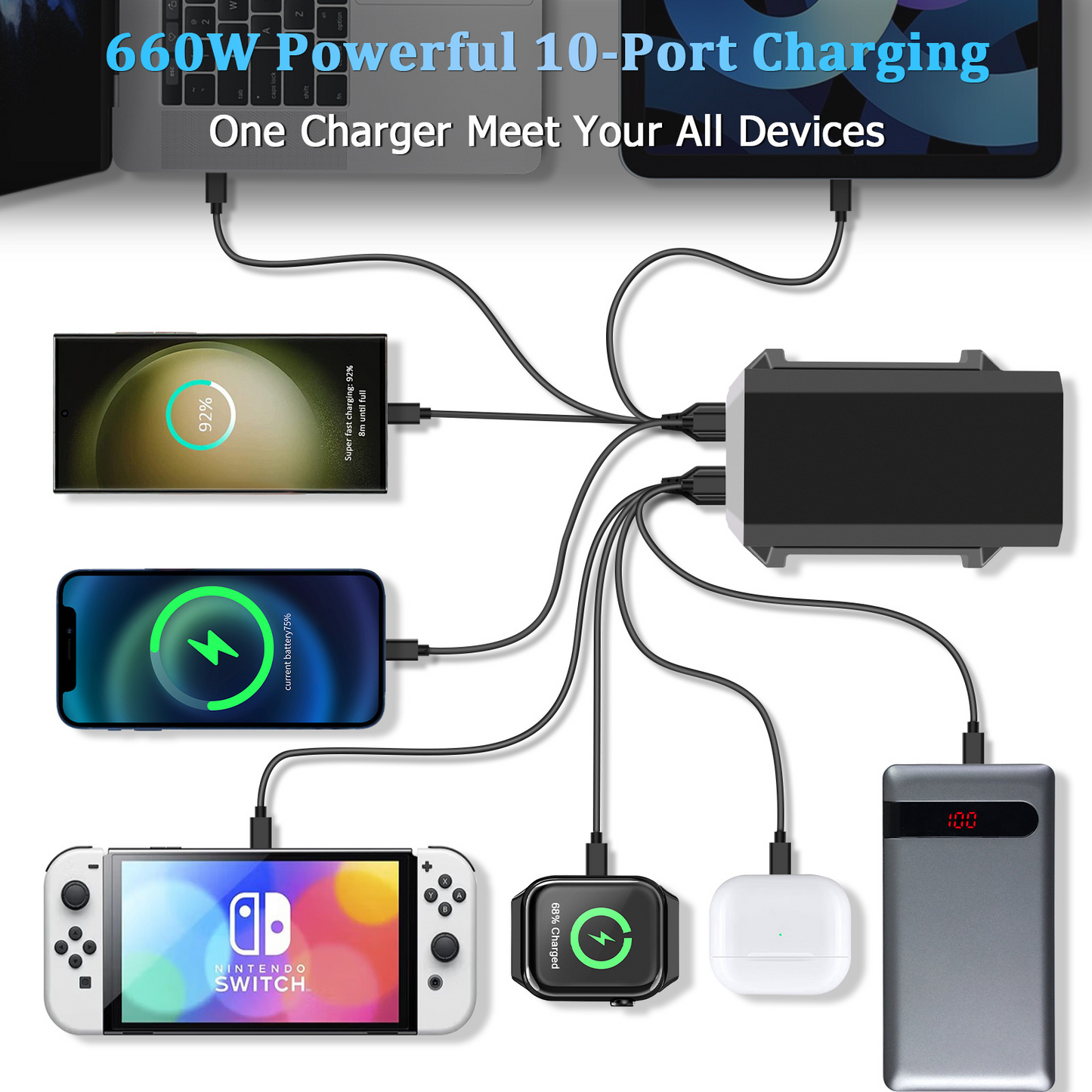 OEM HW18 Ladestasjon, 660W, 5A, 4 x USB-A - 6 x USB-C, Svart