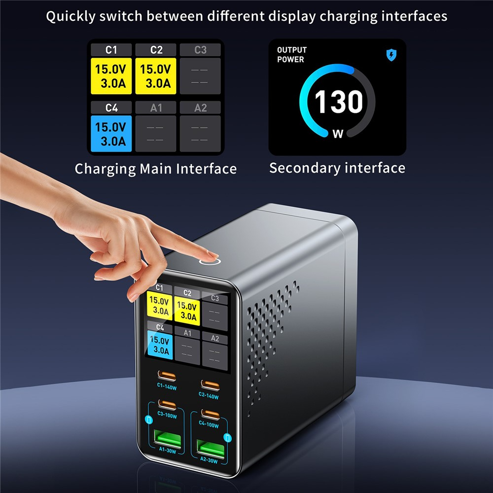 OEM WLX-G3 Ladestasjon, 140W, 5A, 2 x USB-A - 4 x USB-C, Grå