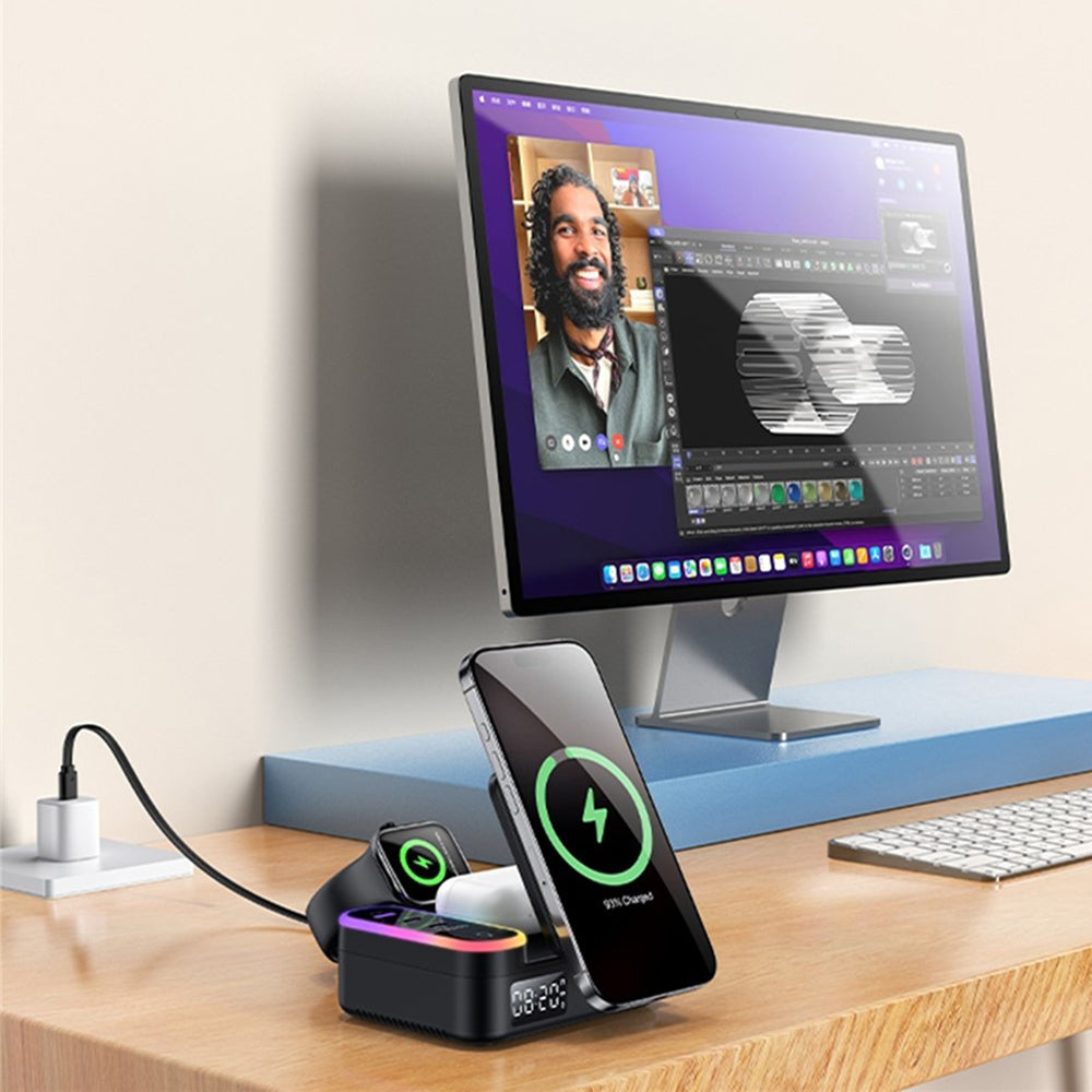 Ladestasjon Yesido DS38 Display QI 3in1, 65W, 3A, 1 x USB-A - 2 x USB-C, Svart