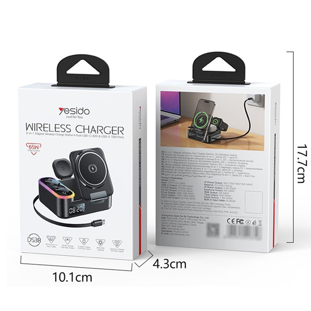Ladestasjon Yesido DS38 Display QI 3in1, 65W, 3A, 1 x USB-A - 2 x USB-C, Svart