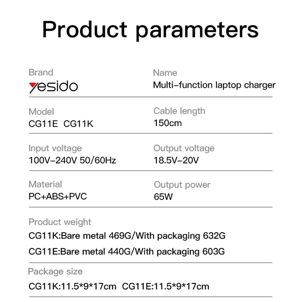 Yesido CG11E lader, 65W, universell, svart