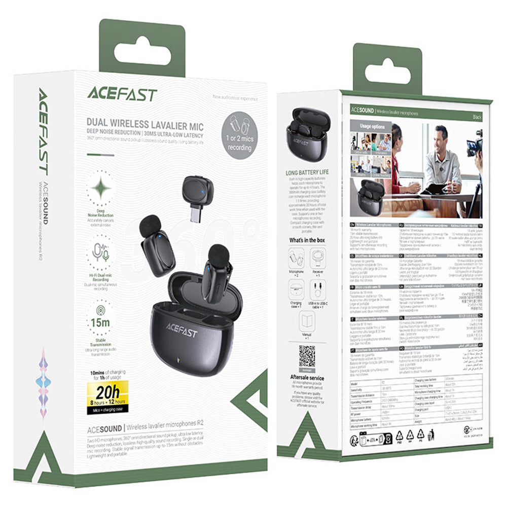 Lavaliermikrofon Acefast R2, USB-C, Sett med 2 stykker, Svart