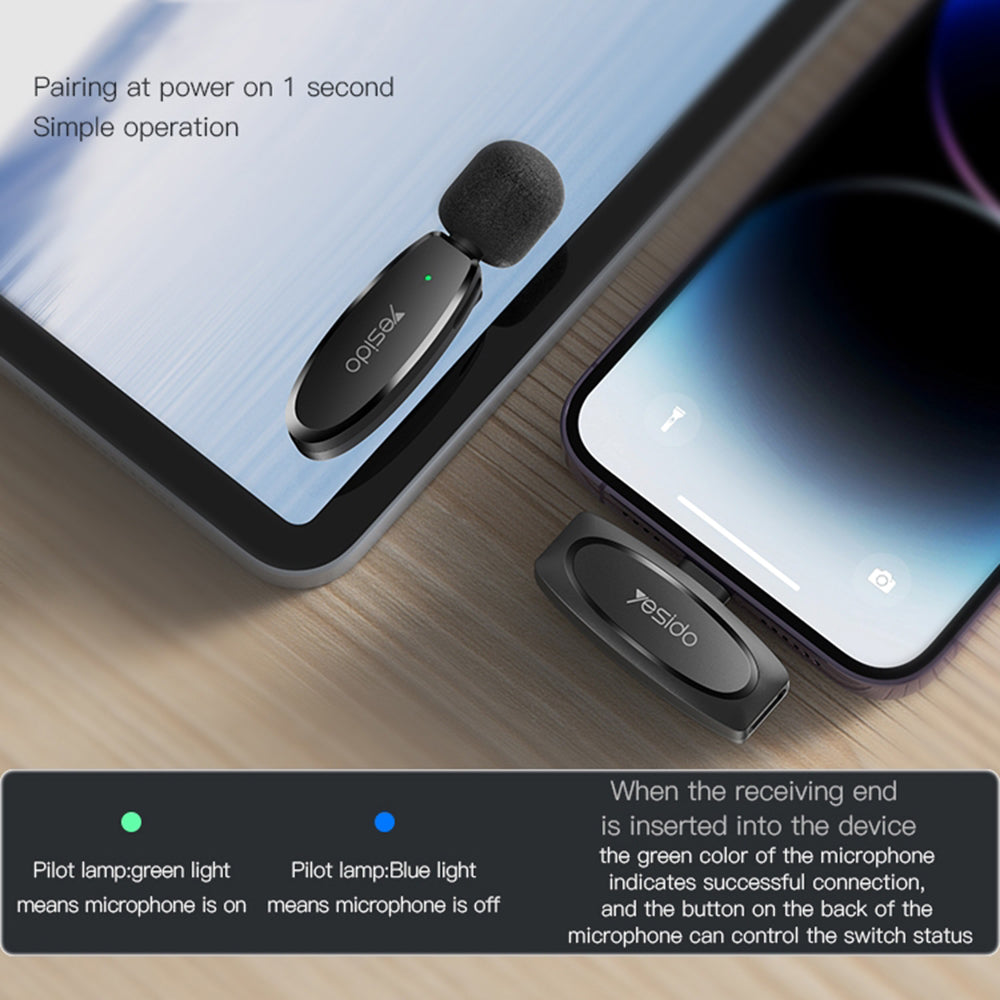 Lavaliermikrofon Yesido KR15, USB-C / Lightning, Sett med 2 stykker, Svart