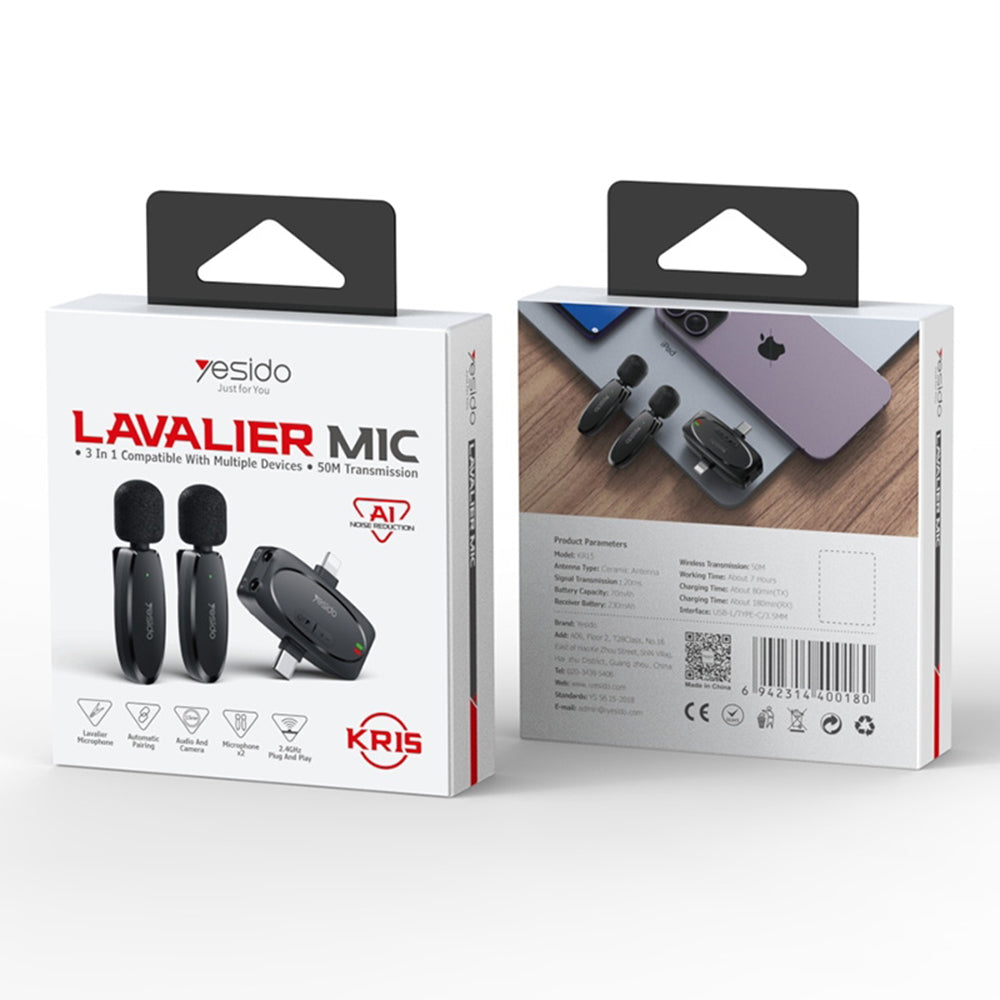 Lavaliermikrofon Yesido KR15, USB-C / Lightning, Sett med 2 stykker, Svart