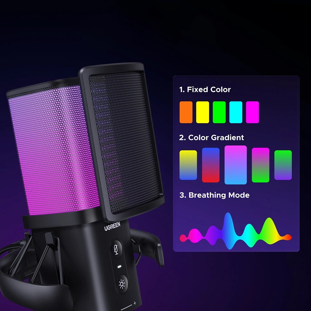 Kardioidmikrofon UGREEN CM581 (65629), RGB, USB-C, 1.5m, Svart
