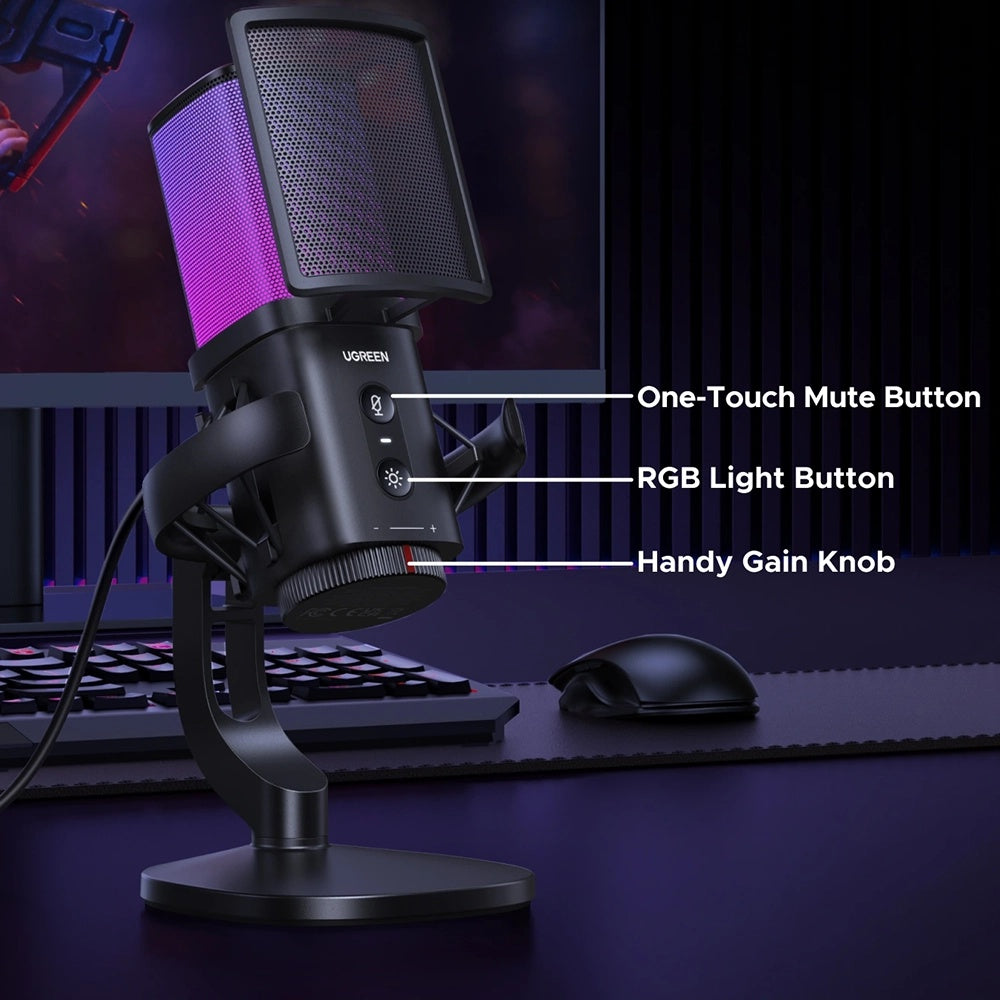 Kardioidmikrofon UGREEN CM581 (65629), RGB, USB-C, 1.5m, Svart
