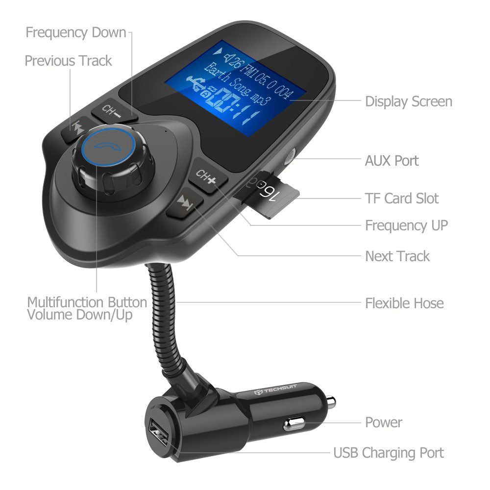 FM Bluetooth-modulator Techsuit MFM4, 1 x USB-A - 1 x 3,5 mm - 1 x microSD, Svart