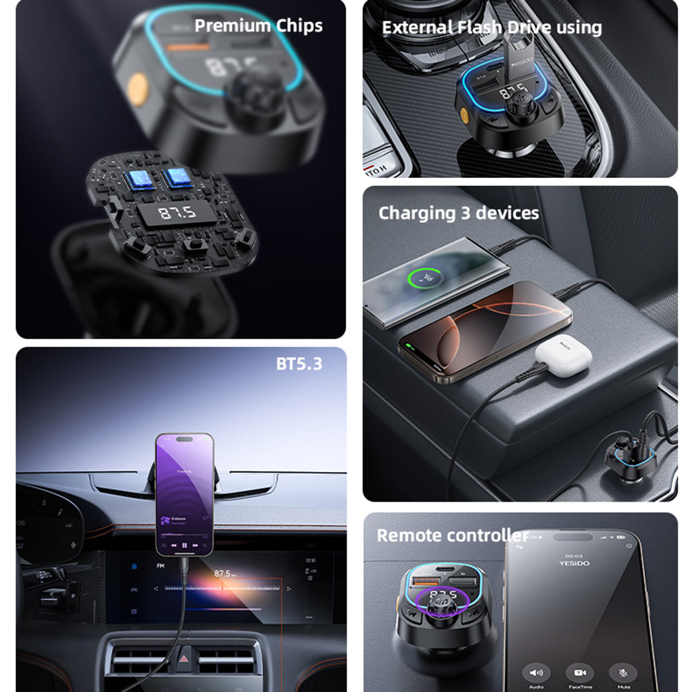 FM Bluetooth-modulator Yesido Y70, 2 x USB-A - 1 x USB-C