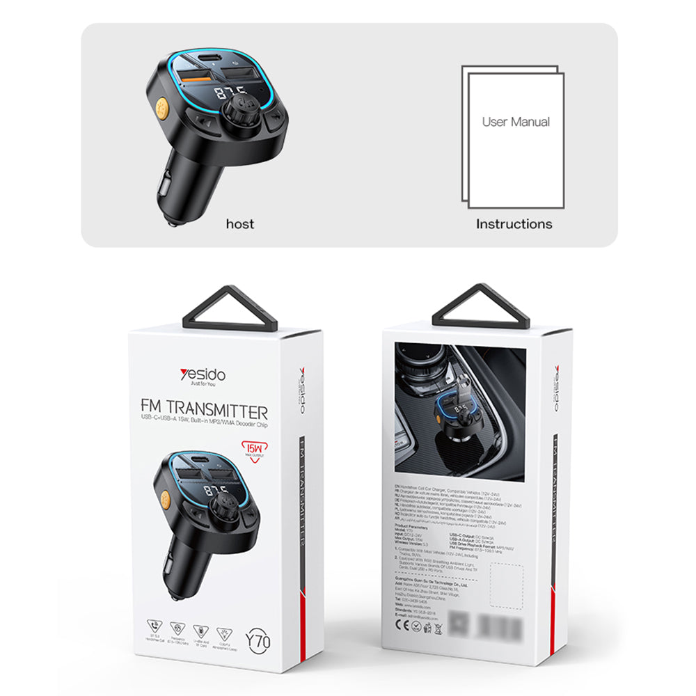 FM Bluetooth-modulator Yesido Y70, 2 x USB-A - 1 x USB-C