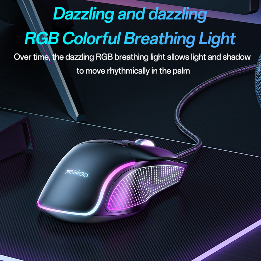 Gamingmus med kabel USB Yesido KB20, RGB, 1000DPI - 7200DPI, Svart
