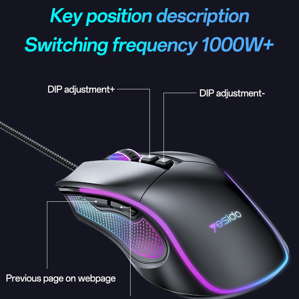 Gamingmus med kabel USB Yesido KB20, RGB, 1000DPI - 7200DPI, Svart