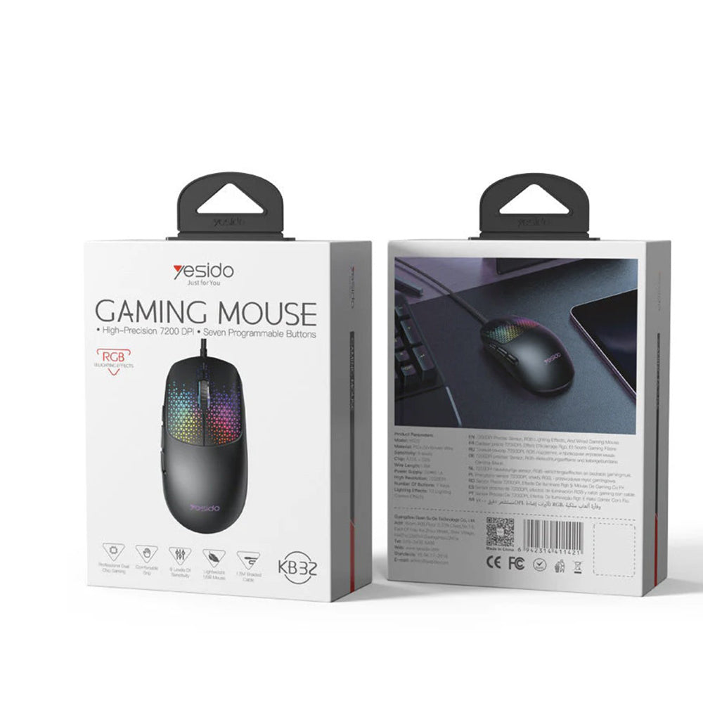 Gamingmus med kabel USB Yesido KB32, RGB, 7200DPI, Svart