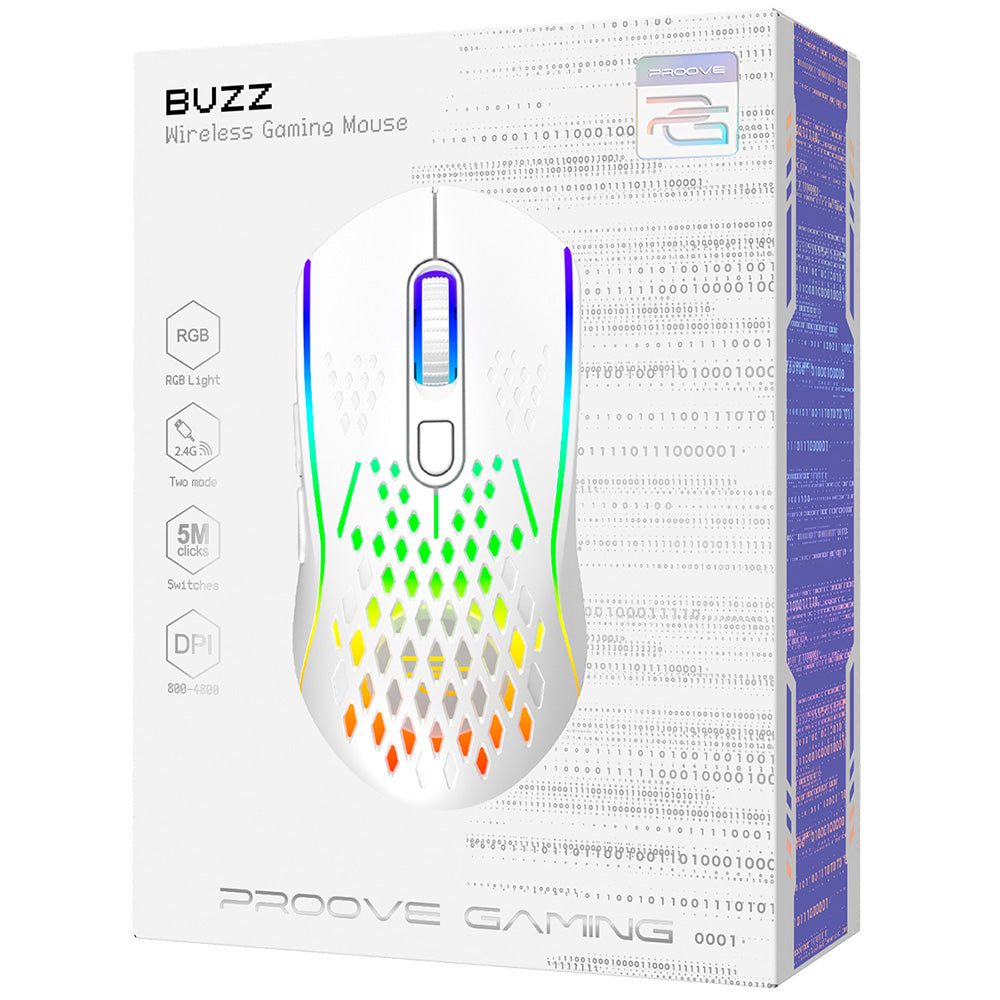 Trådløs Gamingmus Proove Buzz, RGB, 800DPI - 4800DPI, Hvit WMBU00022402
