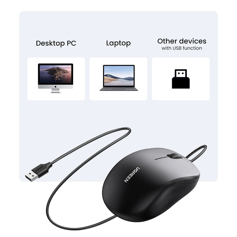 Mouse Wired USB UGREEN MU007, 1200DPI, 1.5m, Svart