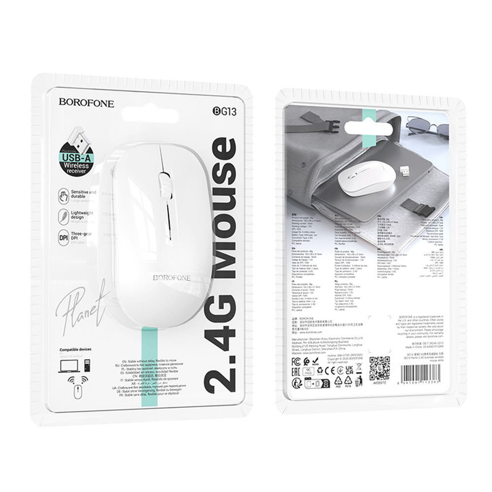 Trådløs Mus Borofone BG14 Planet, 1000DPI, BT / Wi-Fi, Hvit