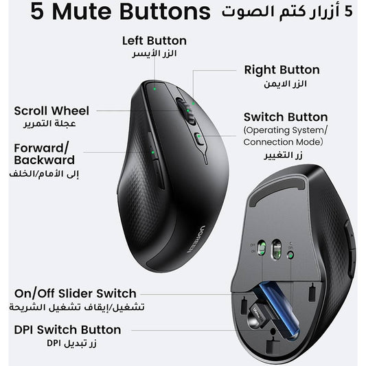 Trådløs Mus UGREEN MU101, 4000DPI, BT / Wi-Fi, Svart