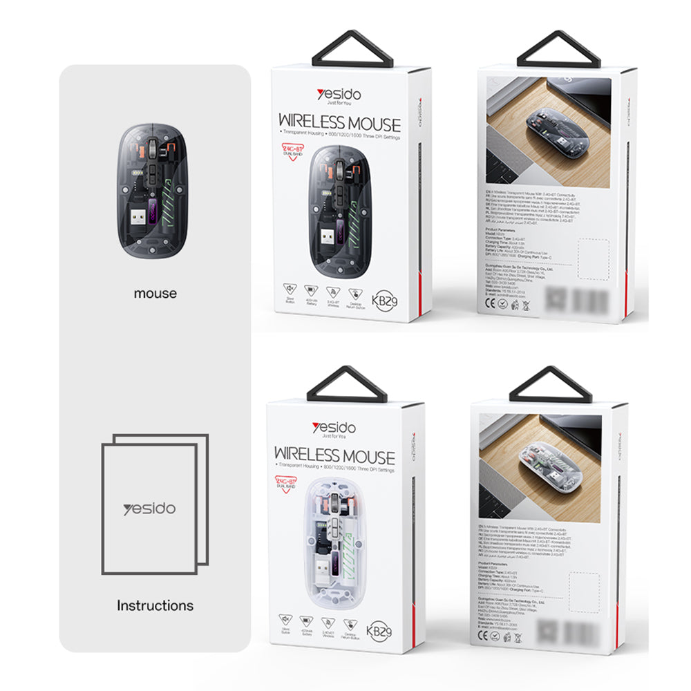 Trådløs mus Yesido KB29, 800DPI - 1600DPI, BT / Wi-Fi, Svart