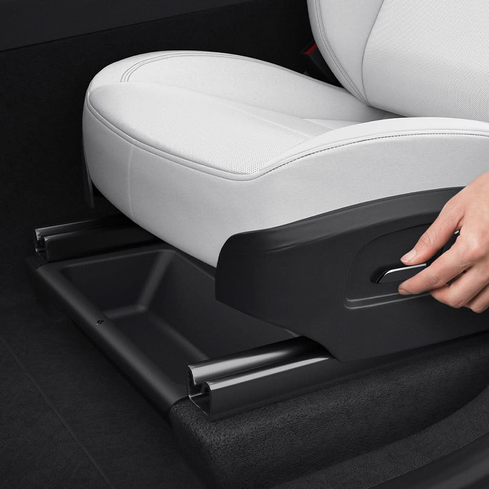 Spigen TO222J bilorganisator med montering under setet for Tesla Y Juniper, sett med 2 stk