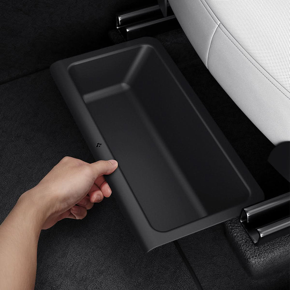 Spigen TO222J bilorganisator med montering under setet for Tesla Y Juniper, sett med 2 stk