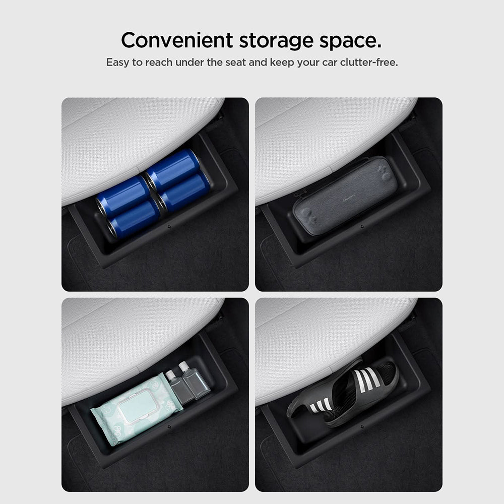 Spigen TO222J bilorganisator med montering under setet for Tesla Y Juniper, sett med 2 stk