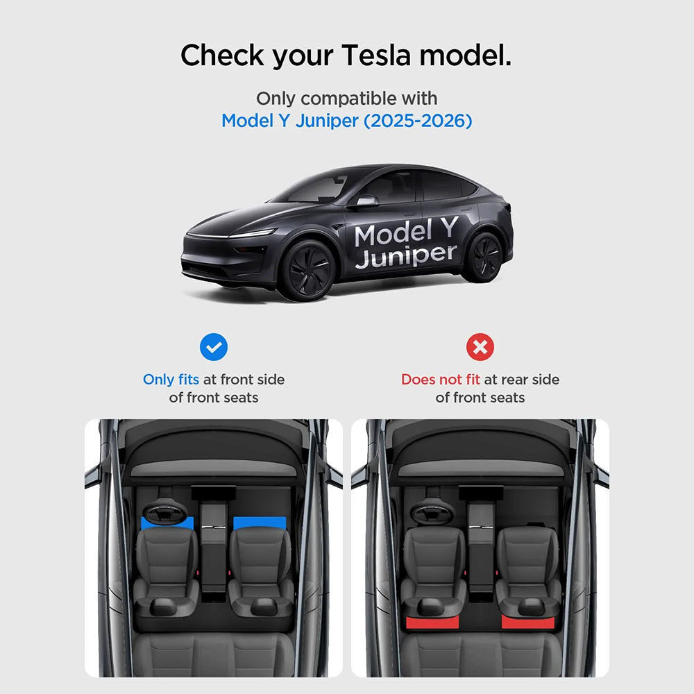 Spigen TO222J bilorganisator med montering under setet for Tesla Y Juniper, sett med 2 stk