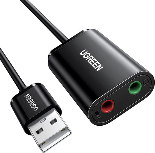 USB-lydkort UGREEN US205, 2 x jack 3,5 mm, svart