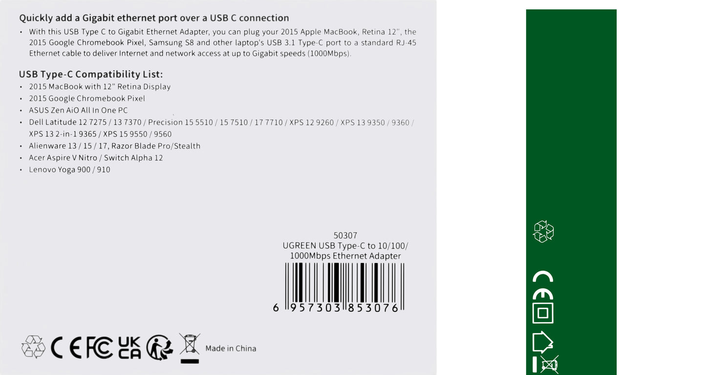 UGREEN US236 nettverkskort, RJ45, USB-C, svart