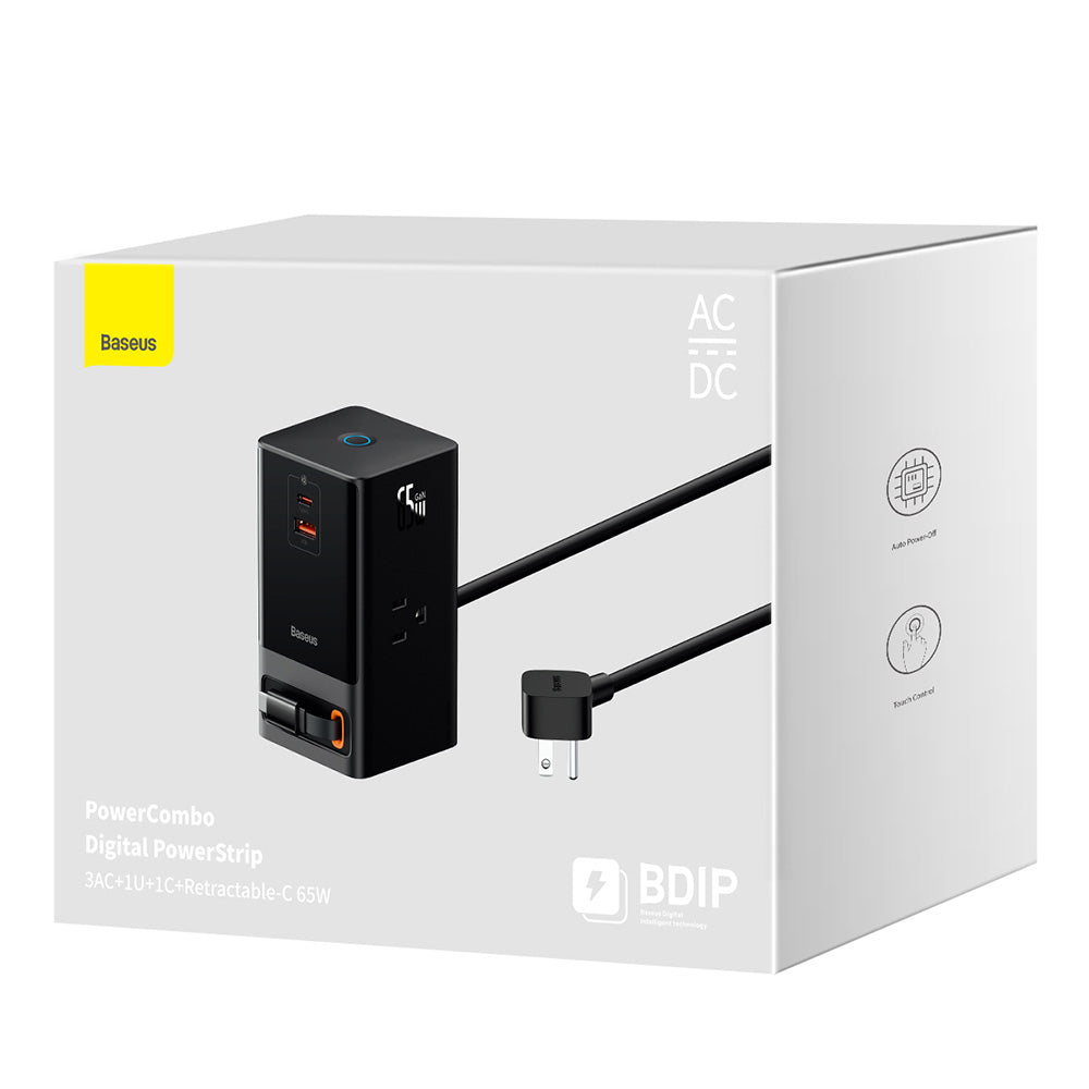 Baseus PowerCombo US forlengelseskabel, 3 x stikkontakter - 1 x USB-A - 2 x USB-C, svart PSLR000101