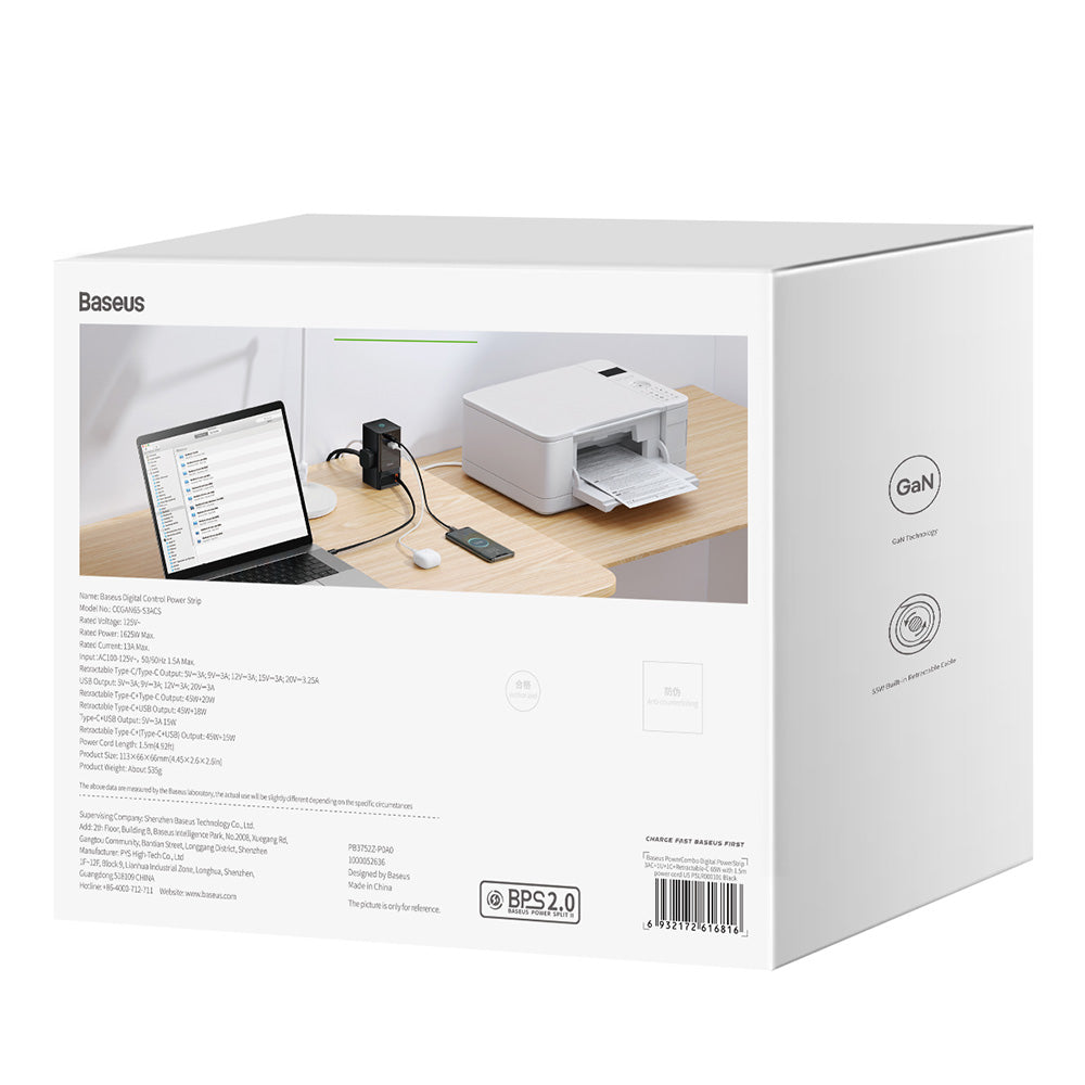 Baseus PowerCombo US forlengelseskabel, 3 x stikkontakter - 1 x USB-A - 2 x USB-C, svart PSLR000101