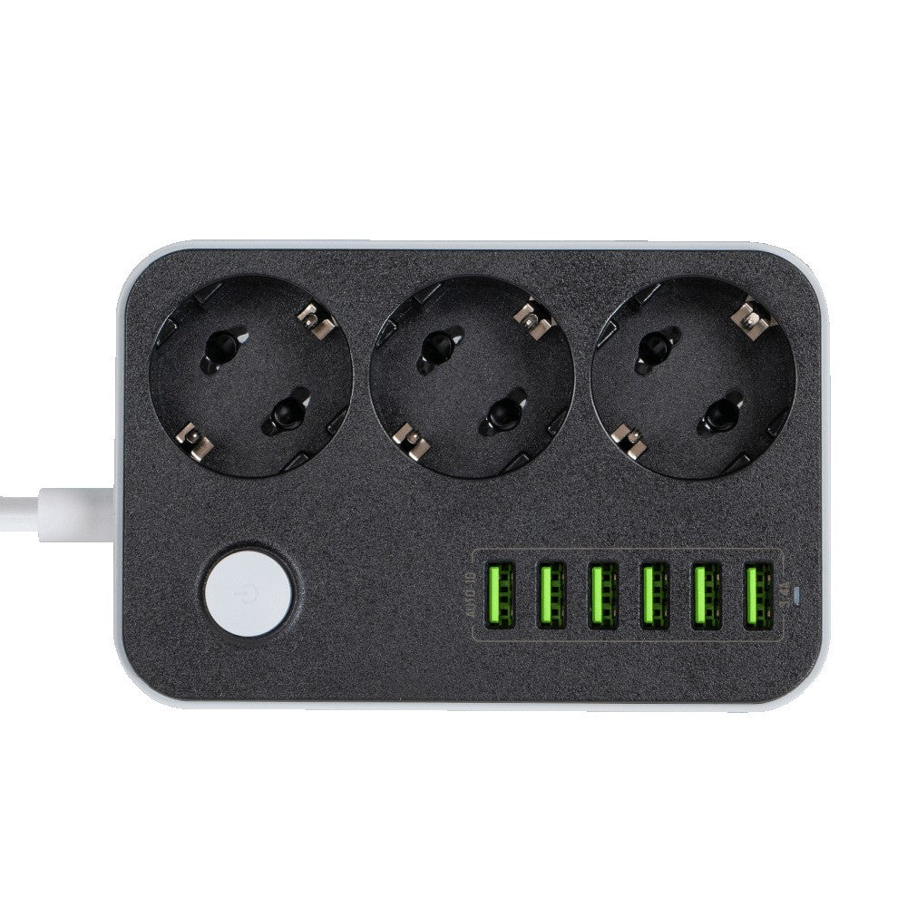 ColorWay skjøteledning, 3 x Schuko - 6 x USB-A, svart