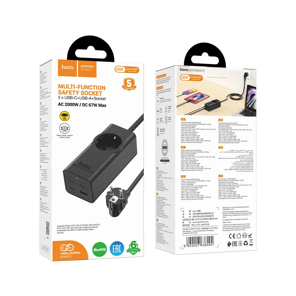 Forlenger HOCO NS9, 1 x Schuko, Svart