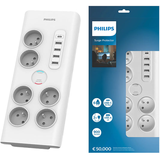 Philips skjøteledning, 35W, 3A, 4 x USB-A - 1 x USB-C - 6 x Schuko, hvit PHIL-SPN7060WA/60