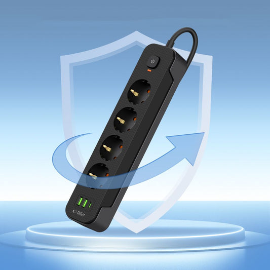 Tech-Protect PCL4X3 skjøteledning, 10,5 W, 2,1 A, 2 x USB-A - 1 x USB-C - 4 x Schuko, svart