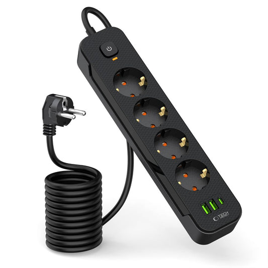 Tech-Protect PCL4X3 skjøteledning, 10,5 W, 2,1 A, 2 x USB-A - 1 x USB-C - 4 x Schuko, svart
