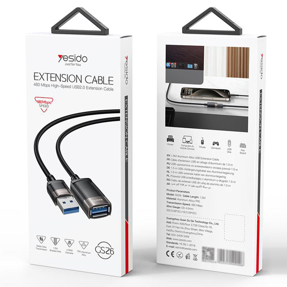 USB-forlenger Yesido GS26, 1.5m, Grå