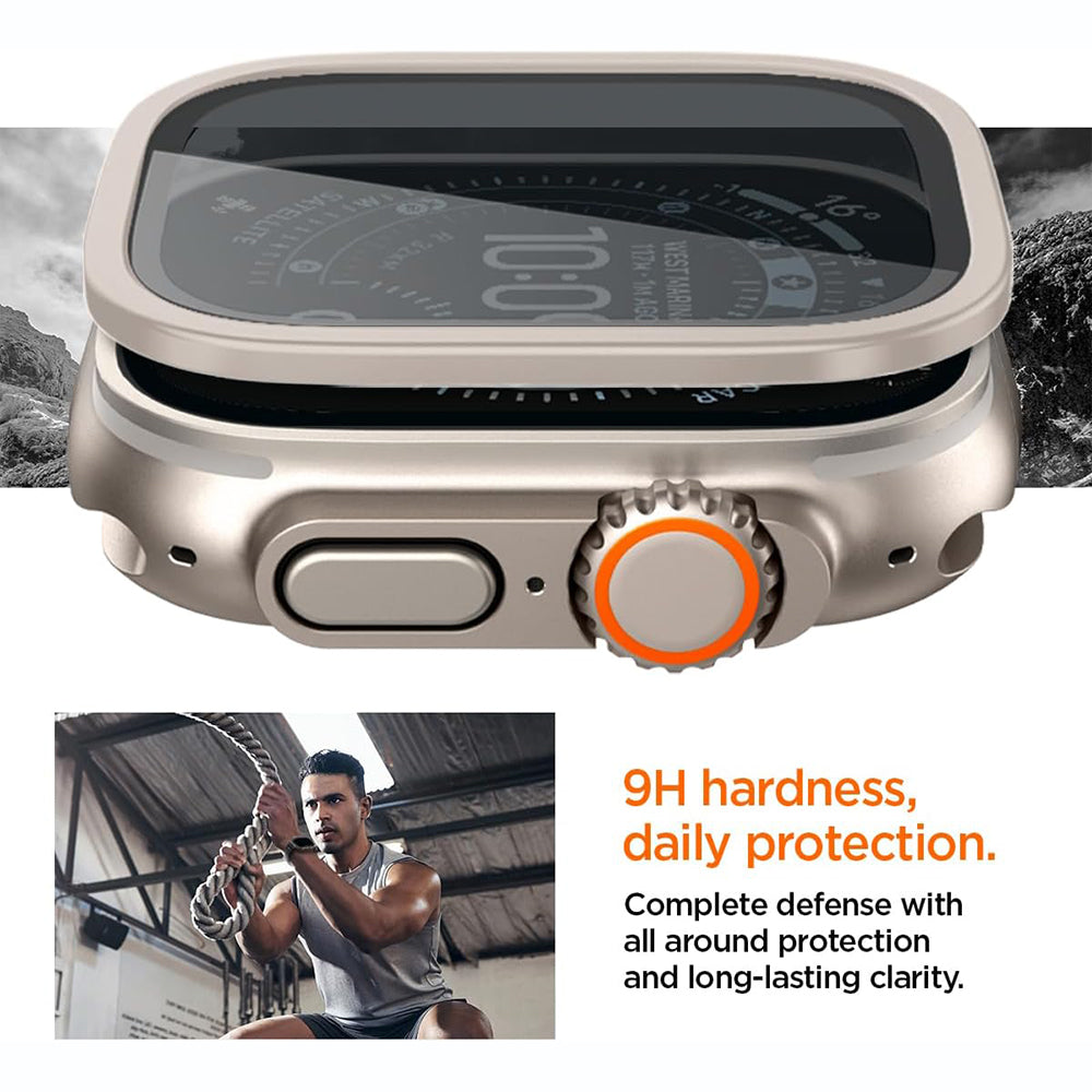 Spigen Tune beskyttelsesramme med glass til Apple Watch Ultra-serien, sølv ACS11595