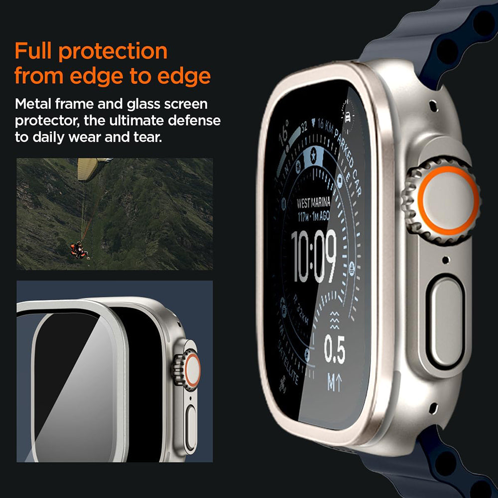 Spigen Tune beskyttelsesramme med glass til Apple Watch Ultra-serien, sølv ACS11595