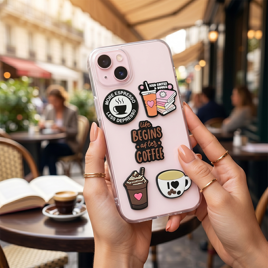 3D OEM Coffee-klistremerke for telefon-/nettbrettdeksel, sett med 5 stk, flerfarget