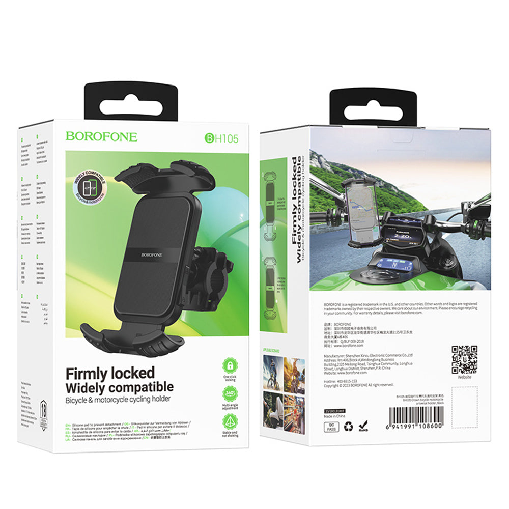 Sykkel- og motorsykkelholder Borofone BH105 Basalt, 4.7 tommer - 7 tommer, Svart
