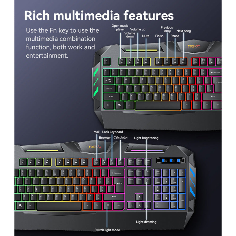Trådløst tastatur Yesido KB21, RGB, 1.5m, Svart
