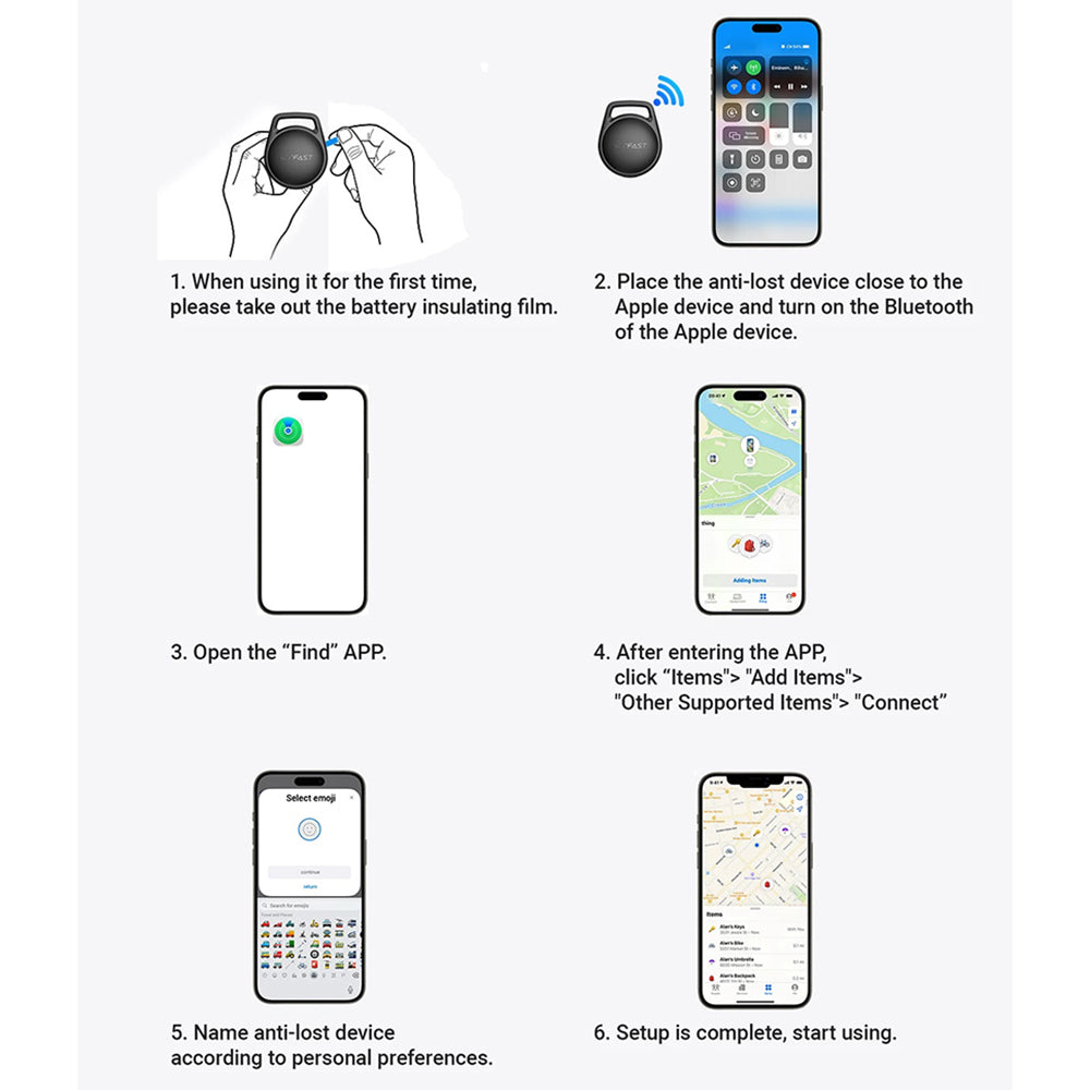 Acefast SmartTag S2 for iOS-serien, Sett med 4 stykker, Svart